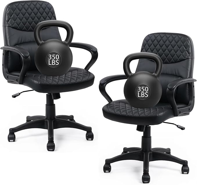 CLATINA Office Chair - Mid Back Leather Computer Desk Chair with Wheels, Ergonomic Executive Swivel Chair with Lumbar Support, Armrest for Home Office Black, 2 Pack