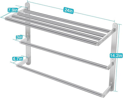 24 inch Towel Racks for Bathroom, VOTZAAQ Towel Shelf with Double Towel Bar, Stainless Steel Towel Storage for Lavatory Wall Mounted, 3-Tier Towel Hanger Towel Holder, Brushed Nickel
