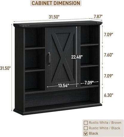 Bathroom Wall Cabinet, Farmhouse Medicine Cabinet with Adjustable Shelves and Barn Doors, Large Wall Mounted Over The Toilet Storage Cabinet for Bathroom, Laundry Room, Kitchen, Rustic Black