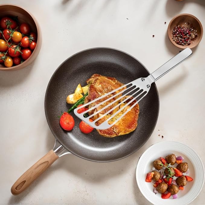 KSENDALO Flexible Stainless Steel Fish Spatula - Slotted Thin Metal Turner with Riveted Handle, Angled Blade & Hollow Grip for Cooking Eggs, Pancakes and Fillets (1 Pack)