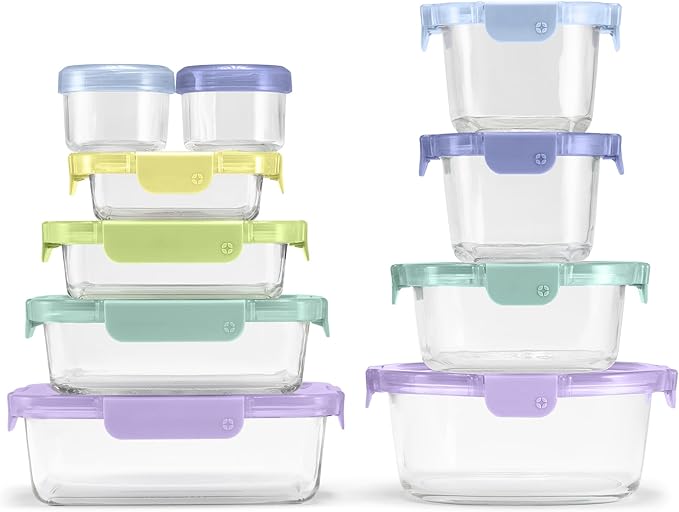 Ello Color Lock Glass Meal Prep Sets Leak-Proof Glass Food Storage Containers with Airtight BPA-Free Plastic Lids, Dishwasher, Microwave, and Freezer Safe