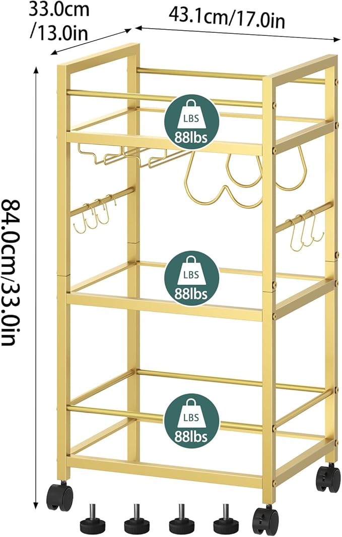Bar Cart, Serving Cart for Home, Microwave Cart, Drink Cart, Mobile Kitchen Shelf with Wine Rack and Glass Holder, Rolling Beverage Cart for Dining Room, Gold
