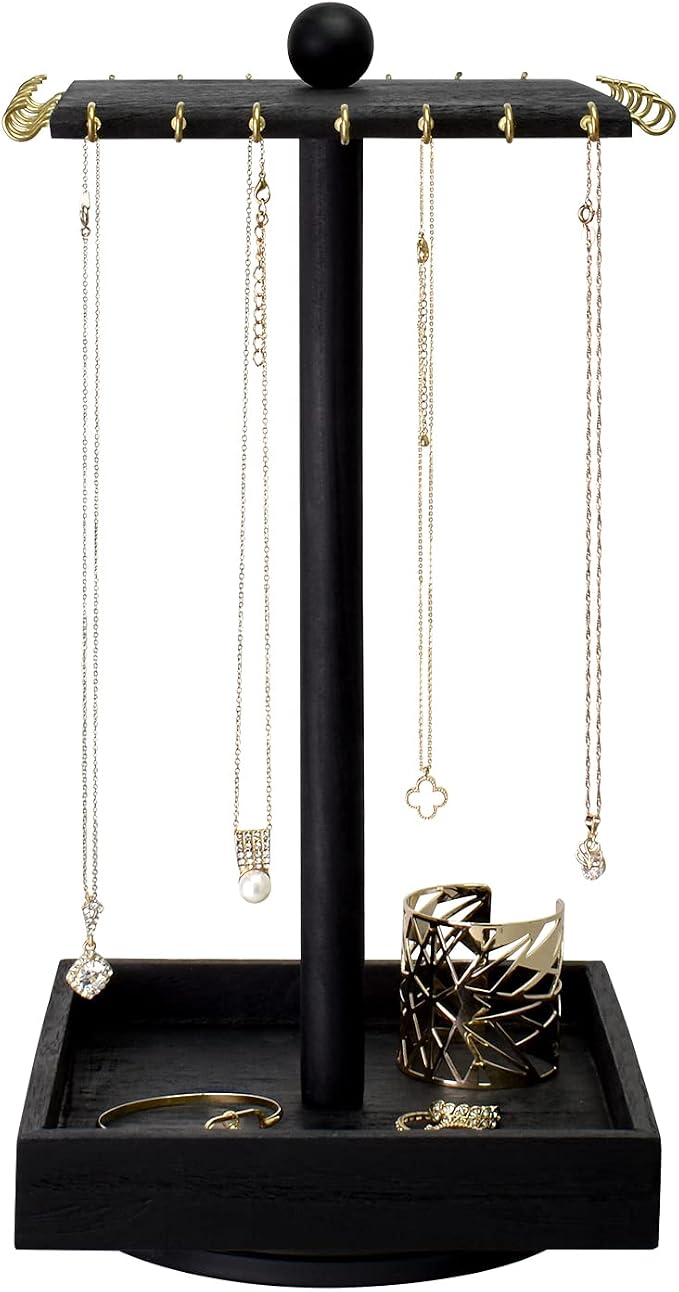 Ikee Design 2 Pcs Set Wooden Rotating Jewelry Display Stand Tower for Shows,Jewelry Organizer for Necklace and Bracelet, Rotating Necklace and Bracelet Holder Organizer, Black Color