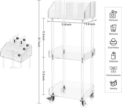 Aquiver Acrylic Makeup Organizer Storage Cart - 3 Tier Rolling Makeup Cart Vanity Organizer - Cosmetics Display Cases Holder for Skincare Cosmetics, 11.8'' L x 9.8'' W x 31.7'' H, Clear