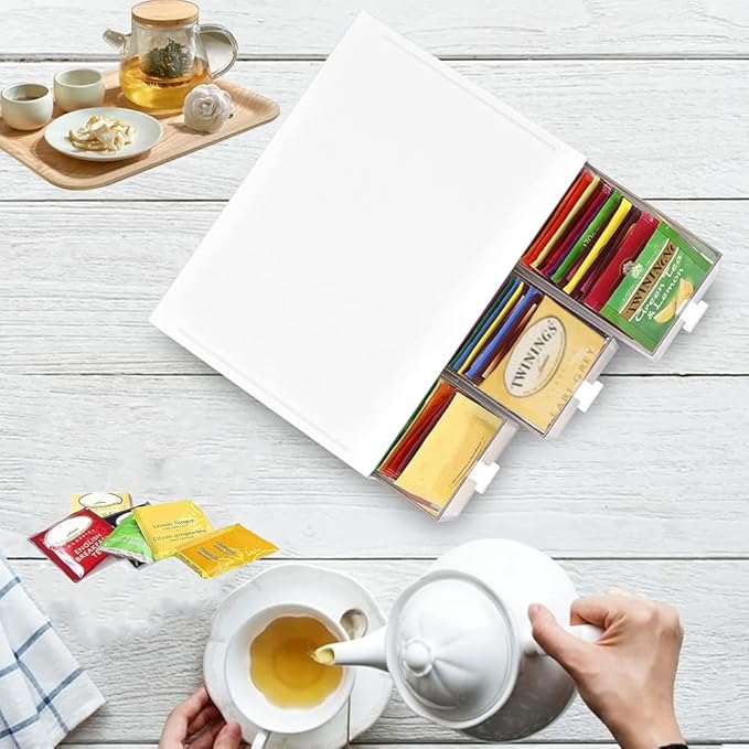 Plastic Tea Bag Organizer with 3 Drawers, Desk Drawer Organizer, Stackable Storage Drawers, White Tea Box, Makeup Organizer, Clear Tea Bag Storage, Coffee Storage for Tea Bags, Sugar Packets, Cosmetic