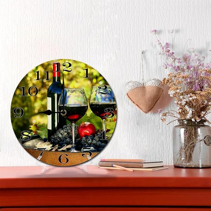 Grape Wall Clock 10 Inch Silent Non Ticking Battery Operated Wooden Modern Office Simple Minimalist Clock Decorative for Kitchen Home Bathroom Living Room