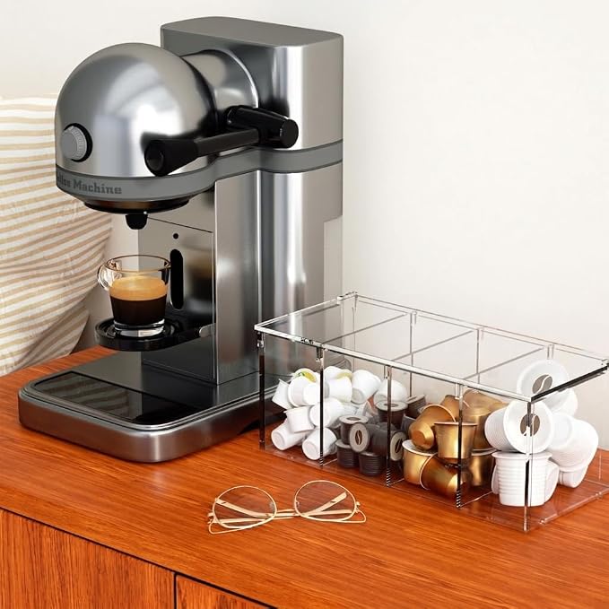 RR RAXMIN Coffee Capsule Holder Acrylic Box K Cup Holder Coffee Pod Storage Clear Acrylic 4 Compartment with Lid Organizer Coffee Bar Accessories