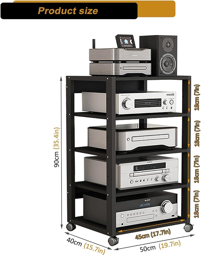 5 Tier AV Media Stand, Audio Rack Tower Stereo Components Cabinet, Home Theatre CD Record Player Stereo Receiver Equipment Rack with Adjustable Wood Shelves, Load 220lbs (Black)