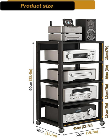 5 Tier AV Media Stand, Audio Rack Tower Stereo Components Cabinet, Home Theatre CD Record Player Stereo Receiver Equipment Rack with Adjustable Wood Shelves, Load 220lbs (Black)