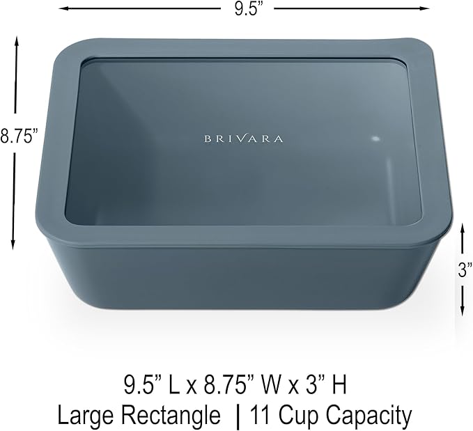BRIVARA HOME Ceramic Coated Glass Food Storage Container | No PTFE, PFOA, PFAS, and BPA | Reusable Non Toxic Meal Prep Container with Glass Lid | Easy To Store | 11 Cup Rectangle [Dusk]