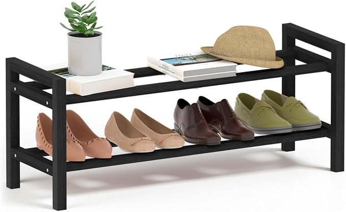 Haddockway Bamboo Shoe Rack for Closet, Free Standing Shoe Organizer with Smooth Round Rods & Convenient Handles, Stackable Shoe Storage Shelf for Entryway, Hallway(Black, 2-Tier)