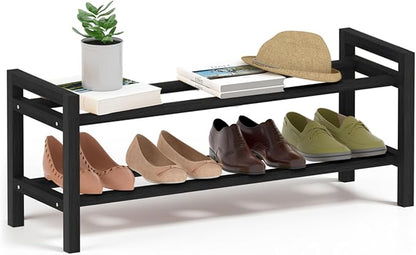 Haddockway Bamboo Shoe Rack for Closet, Free Standing Shoe Organizer with Smooth Round Rods & Convenient Handles, Stackable Shoe Storage Shelf for Entryway, Hallway(Black, 2-Tier)