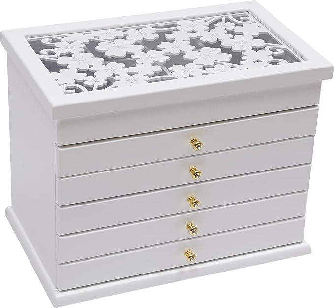 Wood Jewelry Box 6-Tier Large Jewelry Organizer Cabinet with 5 Drawers Women Girls Storage Display Case for Necklace Rings Earrings Accessories, with Mirror and Lock (Without Mirror-white)
