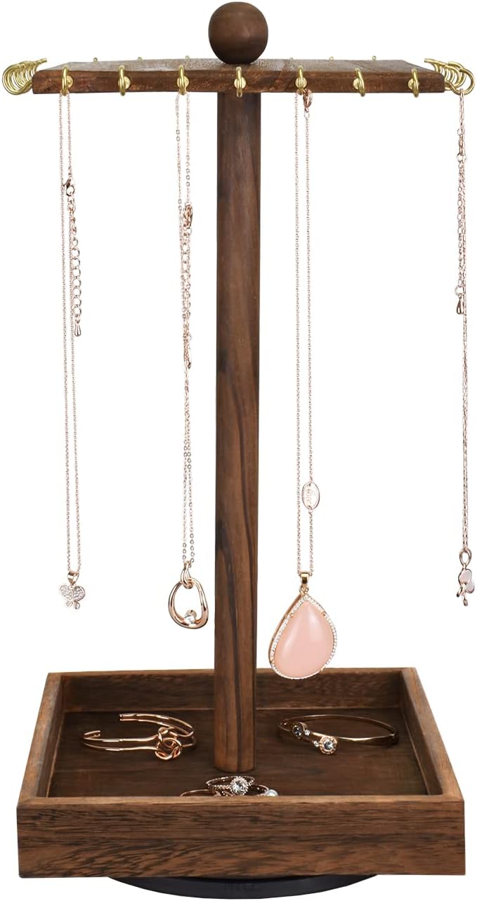 Ikee Design 2 Pcs Set Wooden Rotating Jewelry Display Stand Tower,Jewelry Organizer for Necklace and Bracelet,Rotating Necklace and Bracelet Holder Organizer,Jewelry Stand for Shows, Brown Color