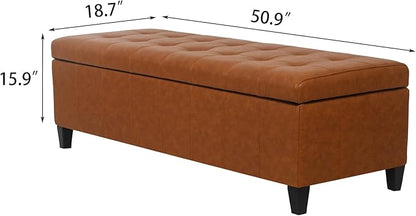 Homebeez 51" Faux Leather Storage Ottoman Bench, Tufted Rectangular Foot Rest Stool (51" Dark Orange)