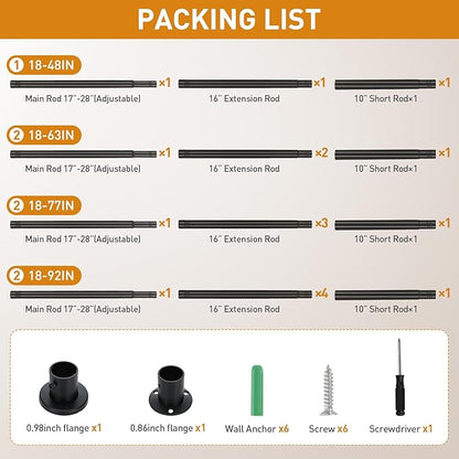 Black Adjustable Closet Rod 18-77 Inches, Heavy Duty Metal Clothes Hanging Rod, Rust-Proof Non-Slip Wardrobe Bar for Closet, Laundry Room, RV
