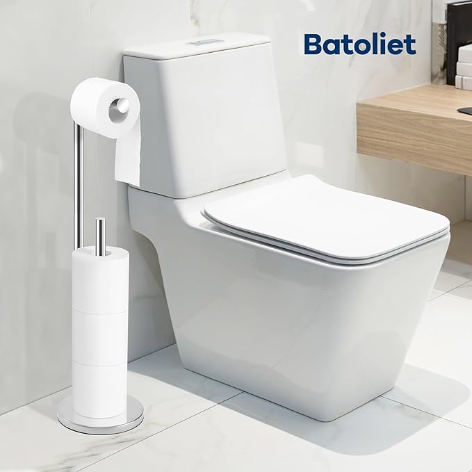 Toilet Paper Holder Stand, Bathroom Toilet Paper Roll Holder Stand with Reserve, Standing Toilet Paper Holder with Storage,Toilet Paper Roll Holder for 4 Rolls, Chrome