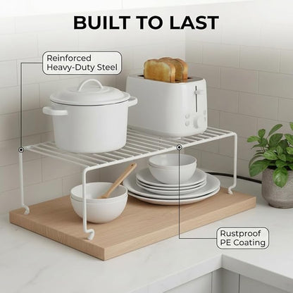 4-Pack Kitchen Cabinet Shelf Riser - Stackable Cupboard Organizer & Wire Rack for Pantry, Spice Organization, Desk & Bathroom, Rustproof Metal Closet Shelves, White (15.7" L x 8.5" W)
