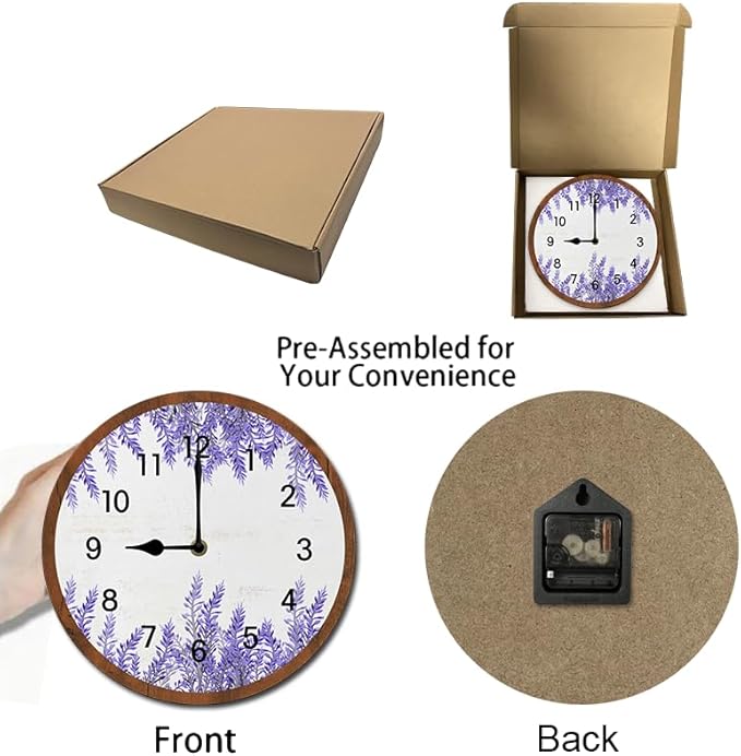 Lavender Wall Clock 10 Inch Silent Non Ticking Battery Operated Wooden Modern Office Simple Minimalist Clock Decorative for Kitchen Home Bathroom Living Room