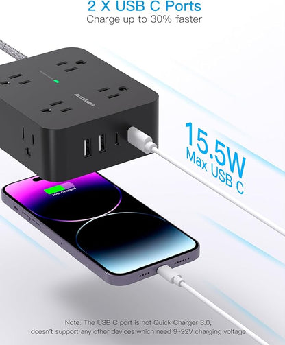 Extension Cord 20 Ft, HANYCONY Power Strip Surge Protector with 8 Outlets 4 USB Ports(2 USB C), Long Cord, Flat Plug, Wall Mount, Desk USB Charging Station for Home Office Essentials