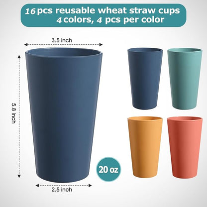 HEYCOME Set of 16 Wheat Straw Cups, 16 Pcs 20 oz Unbreakable Drinking Cups, Reusable Plastic Cups Sets, Water Glasses Tumblers, Microwave & Dishwasher Safe, Bpa Free, 4 Colors