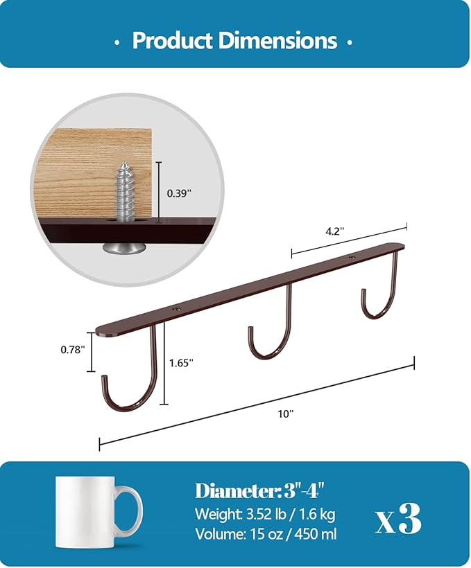 Luckinow 3 Pack Mug Hooks Under Cabinet, Coffee Mug Holder for Hanging Under Shelf, Cup Hanger with 9 Hooks for Displaying Mugs, Coffee Cups and Kitchen Utensils, Brown