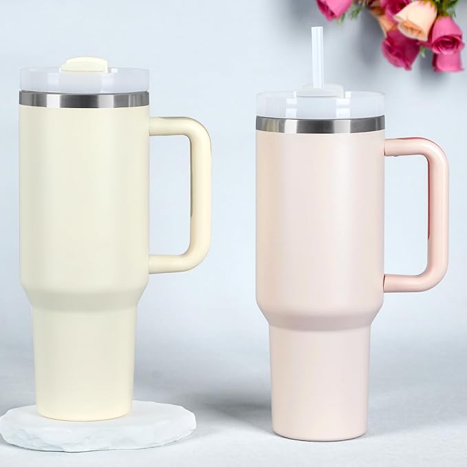 4 Pack 40 Oz Tumbler with Handle Bulk, Double Wall Vacuum Insulated Stainless Steel Tumbler with Lid and Straw, 40 oz cup with Silicone Spill Proof Stopper Set (Cream,Purple,Dark Green,Rose Quartz)