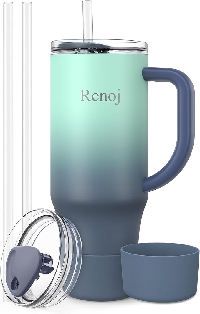 Renoj Tumbler with Handle 100% Spill Resistant Insulated Water Bottle for Iced Coffee & Hot Drinks - Fits Car Cup Holder, Ideal Gift, 2 Straws & Silicone Boot BPA-Free - FlexSlide Blue Gradient 32 oz