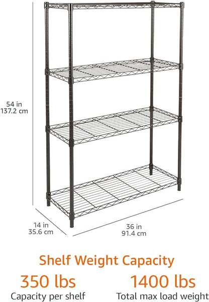 Amazon Basics 4-Shelf Adjustable Heavy Duty Steel Wire Rack Storage Shelving, Sturdy Garage Shelving, 350 lbs Capacity Per Shelf, Easy No-Tool Assembly, 36" x 14" x 54", Black