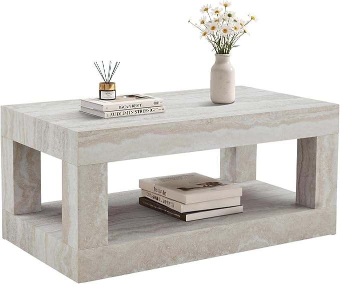 LKTART 39.37" Coffee Table with Storage, 2-Tier Mid Century Rectangular Accent Table with Thick Tabletop, Rustic Style Cocktail, Center Table for Living Room, Office, Apartment (Beige)