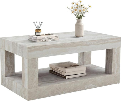 LKTART 39.37" Coffee Table with Storage, 2-Tier Mid Century Rectangular Accent Table with Thick Tabletop, Rustic Style Cocktail, Center Table for Living Room, Office, Apartment (Beige)