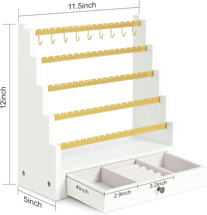 Pinzoveco Earring Organizer, 5 Layer Earring Holder Organizer with Metal Necklace Holder Pole, Rustic Wood Jewelry Organizer Stand Display for Stud Earring Bracelet Necklace Ring, 175 Earring Holes