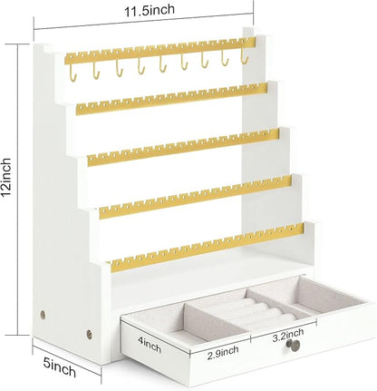Pinzoveco Earring Organizer, 5 Layer Earring Holder Organizer with Metal Necklace Holder Pole, Rustic Wood Jewelry Organizer Stand Display for Stud Earring Bracelet Necklace Ring, 175 Earring Holes