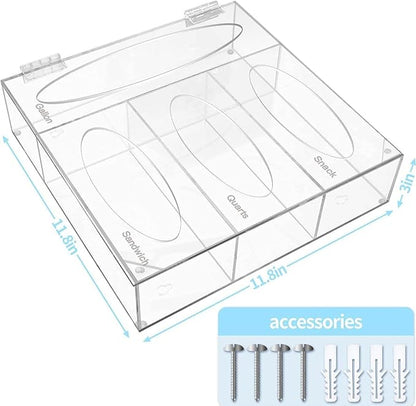 Plastic Bag Holder, Ziplock Bag Storage Organizer Acrylic Plastic Bags Organizer Drawer & Wall-Mount for Sandwich, Snack, Quartz, Gallon/Freezer