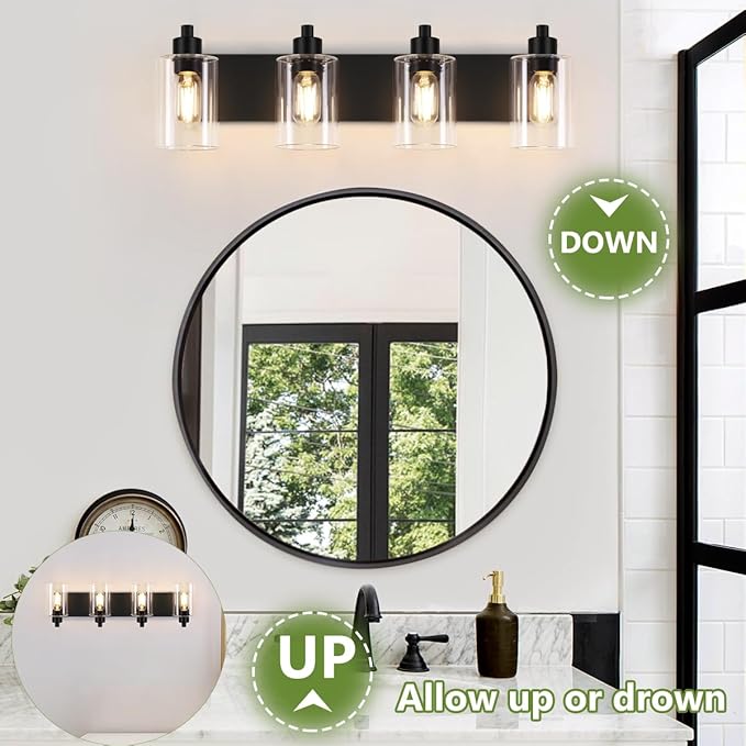 Bathroom Vanity Light, Modern Matte Black 4-Light Bathroom Lights Over Mirror with Clear Glass Shade,Wall Sconces for Bedroom,Living Room