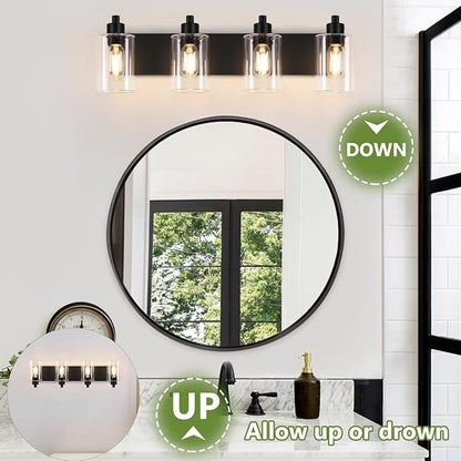 Bathroom Vanity Light, Modern Matte Black 4-Light Bathroom Lights Over Mirror with Clear Glass Shade,Wall Sconces for Bedroom,Living Room