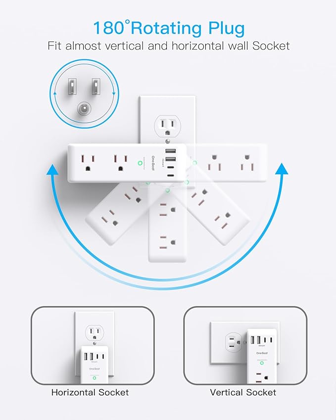 Surge Protector Outlet Extender with Rotating Plug, 6 AC Multi Plug Outlet with 4 USB Ports (3 USB C), 1800 J, 3-Sided Swivel Power Strip with Spaced Outlet Splitter for Dorm Office, White-2 Pack