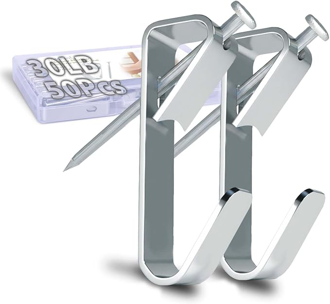 Picture Hangers, Extra Thick, 30 lb, for Decorative Drywall & Plaster Walls - Small Nails for Painting, Frame Hooks to Hang for Hanging, 50 pcs, Silver