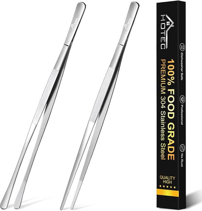HOTEC Kitchen Tweezers Tongs Stainless Steel Professional Chef Tweezers, Set of 2-12inch Extra-Long Food Tongs for Cooking,Grill and Baking