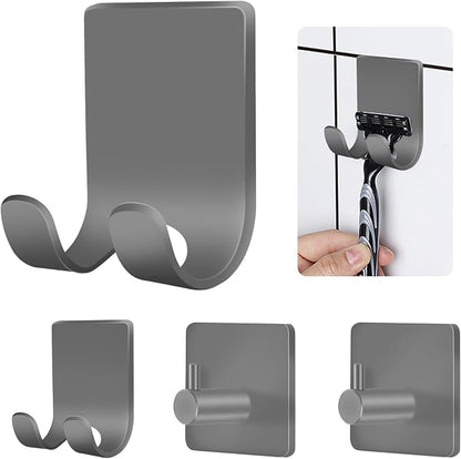 CGBE 4 Pack Shower Hooks - Self Adhesive Shaver Holder Hanger for Bathroom, Damage Free Wall Hooks for Razor, Loofah Sponge - Grey