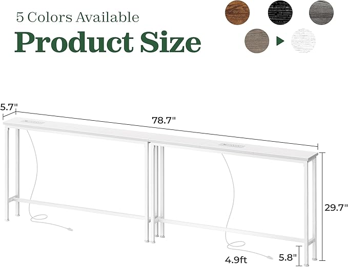 SUPERJARE 5.7 Inch Narrow Console Table with Outlet, Sofa Tables, Total Length 78.8'', Behind Couch Table, Long Entryway Tables with Charging Station, for Living Room, White