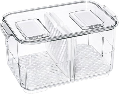 Slideep 11'' Large Food Storage Containers, Fridge Produce Saver 2 Tier Stackable Refrigerator Organizer with Lids and Removable Drain Tray Drawers Bins Baskets for Kitchen