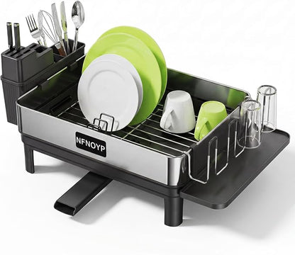 Dish Drying Rack, 304 Stainless Steel Dish Rack and Drainboard Set, Rustproof Dish Drainer with Anti-Pooling Automatic Drainage, Large Capacity Kitchen Counter Organizer, Black