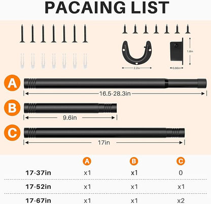 Closet Rod for Hanging Clothes, 17 to 37 Inch Adjustable Closet Hanging Rod, Heavy Duty Clothes Hanging Rod Bar Black Metal Closet Poles with Threads for Wardrobes, Closet, Bathroom, Windows