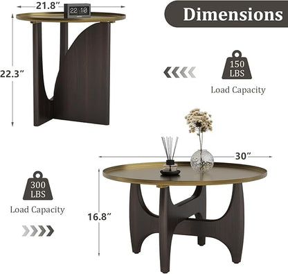 ACEDÉCOR Wood Living Room Table Set, Round Coffee Table Set with1 End Table, 2 Piece Living Room Set with Walnut Geometric Legs and Brushed Gold Tray Top, Easy to Clean