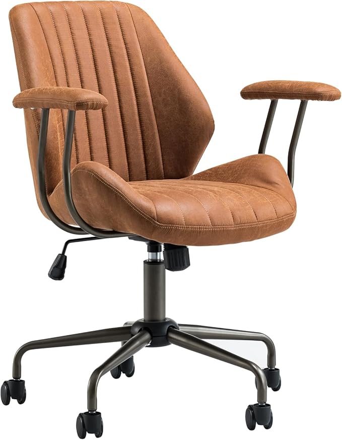 ovios Home Office Chair, Mid-Century Modern Faux Suede Leather Ergonomic Chairs, Mid Back Comfy Computer Swivel Rolling Task Executive Armchair, Brown