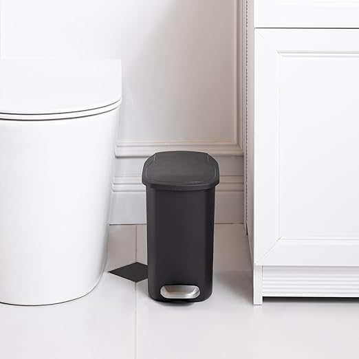 Amazon Basics Compact Plastic Bathroom Trash Can with Soft-Close Lid, Hands-Free Foot Pedal, Removable Inner Bucket, 6 Liters, Black