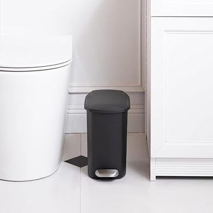 Amazon Basics Compact Plastic Bathroom Trash Can with Soft-Close Lid, Hands-Free Foot Pedal, Removable Inner Bucket, 6 Liters, Black