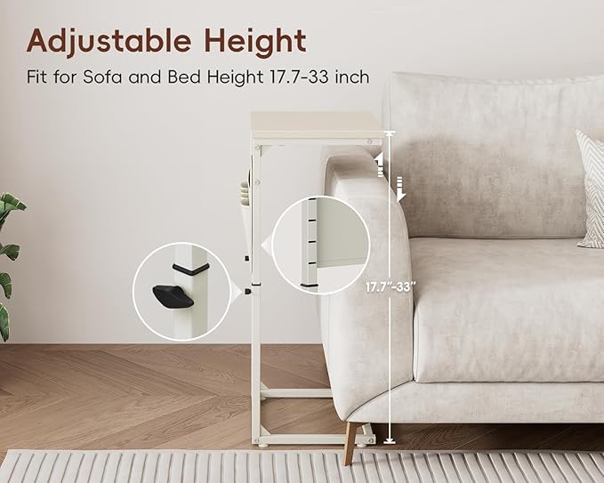 Vagusicc C Shaped End Table with Charging Station, 33" Tall Side Table for Couch, C Table Adjustable Height Small Couch Side Table, Slide Under Sofa Table TV Tray Arm Table for Living Room, Cream