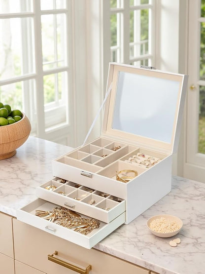 Clear Lid Jewelry Box,3 Layers Jewelry Organizer Large Multi-Functional Jewelry Storage Box with 2 Drawers,Jewelry Display Case of Rings Earrings Necklace Bracelets for Women Girls (Light gold)